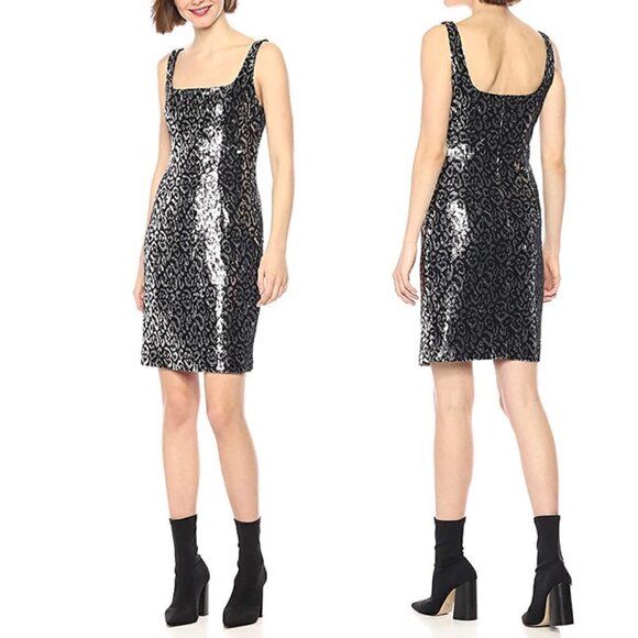 NWT Black Halo Lilo Sequin Sheath Dress Eclipse Black Silver Zodiac Sleeveless 8 - Picture 2 of 16